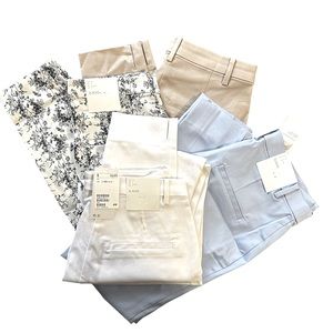 Woman’s slacks set, size 6 white, cream and black pattern, baby blue and tan.